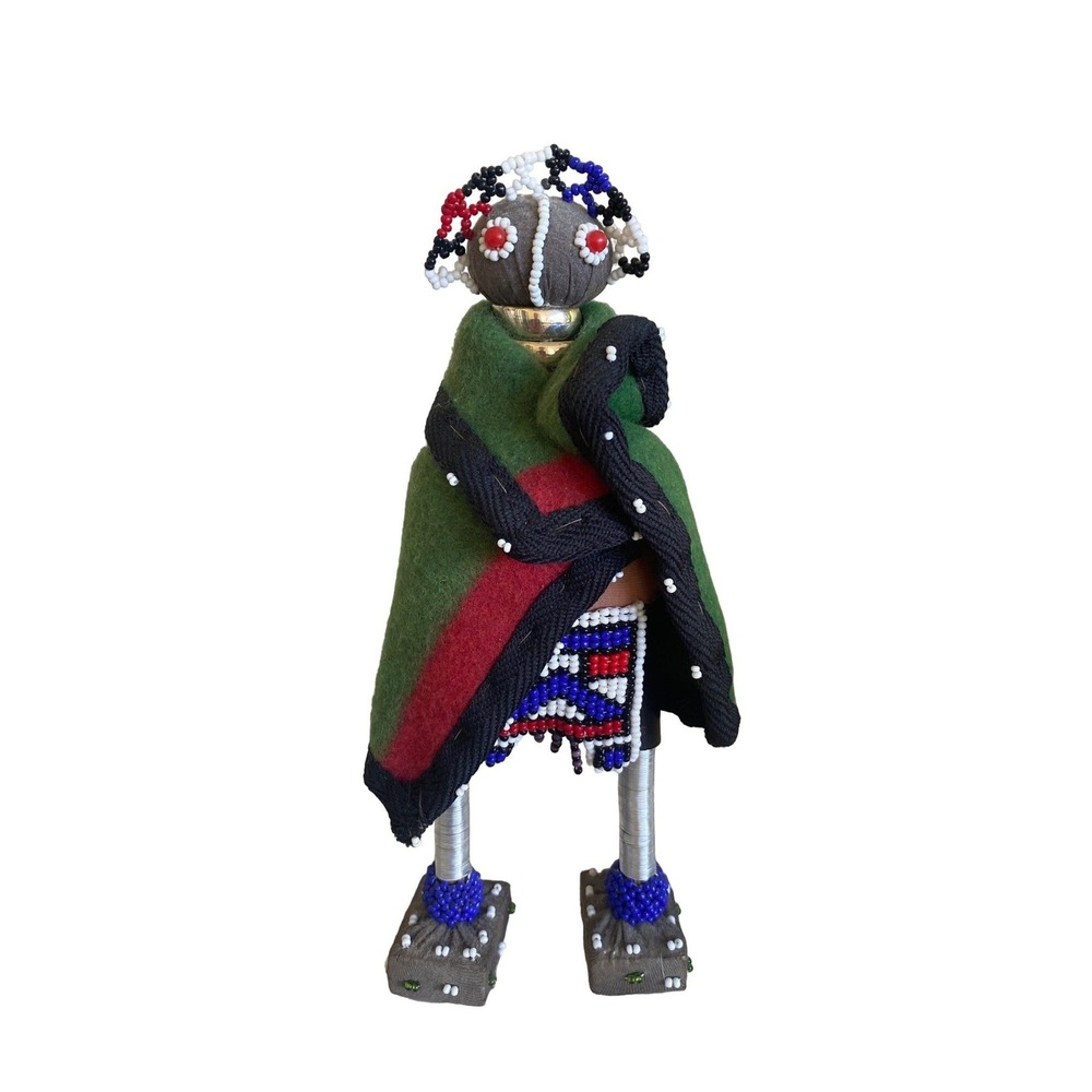 Beaded‎ Tribal Figurine Green Cloak & Metal Legs South Africa Ndebele Doll